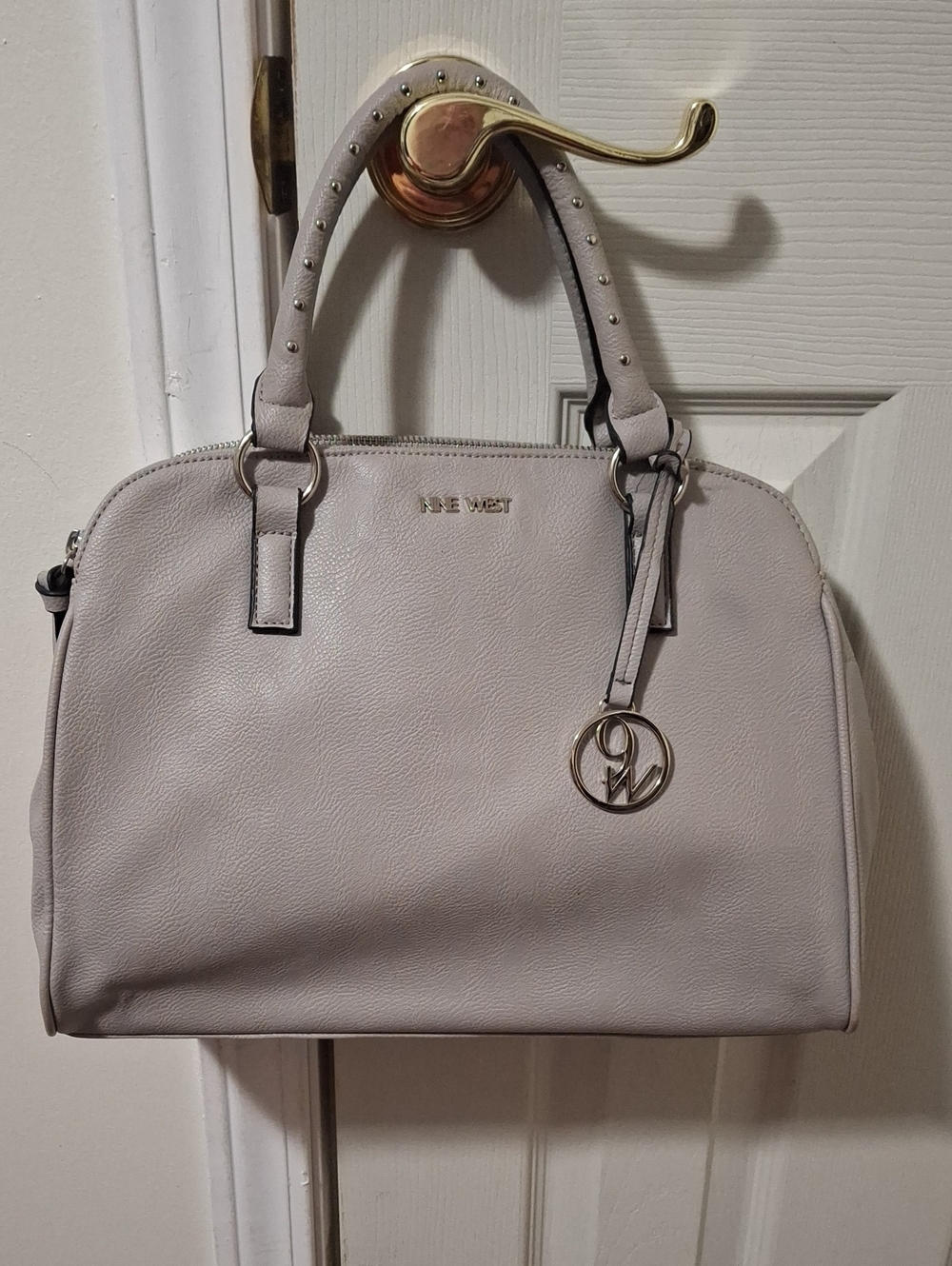 Nine West Light Gray Pebble-Texture Satchel with Logo Charm